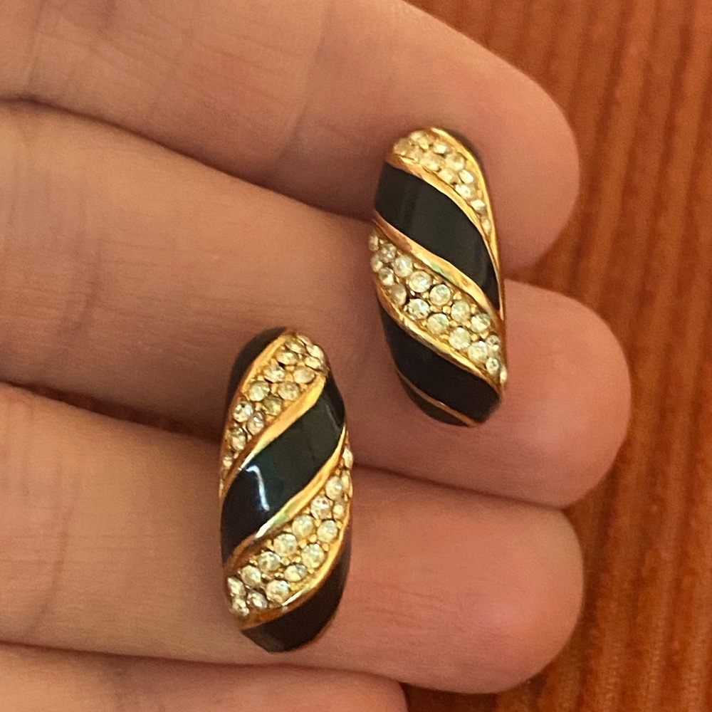 Gold-Tone/Black Enamel Rhinestone Earrings